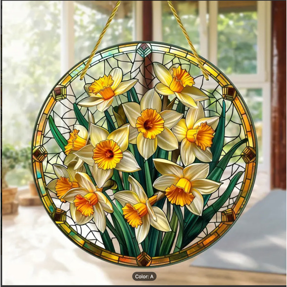 Acrylic , Stained Glass Look, 2D Suncatcher, 8" Daffodil/ Buttercup Design - Picture 1 of 8